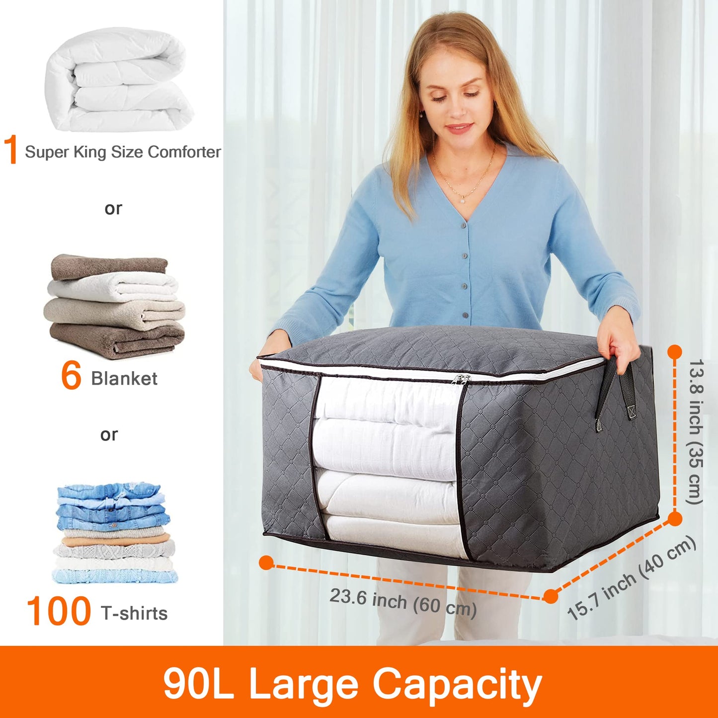 90L Clothes Storage Bags Clothing Organizers with Reinforced Handles